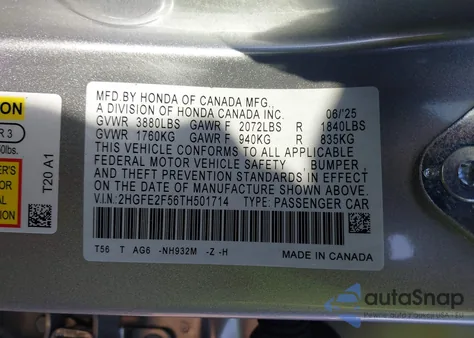 2026 Honda Civic Sport из США, поврежденный, VIN 2HGFE2F56TH501714